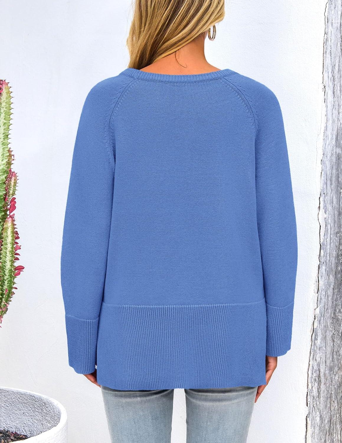imagePRETTYGARDEN Womens Knit Fall Sweaters Long Sleeve Pullover Crewneck Split Hem Oversized Tunic Sweater Tops Winter ClothingBlue