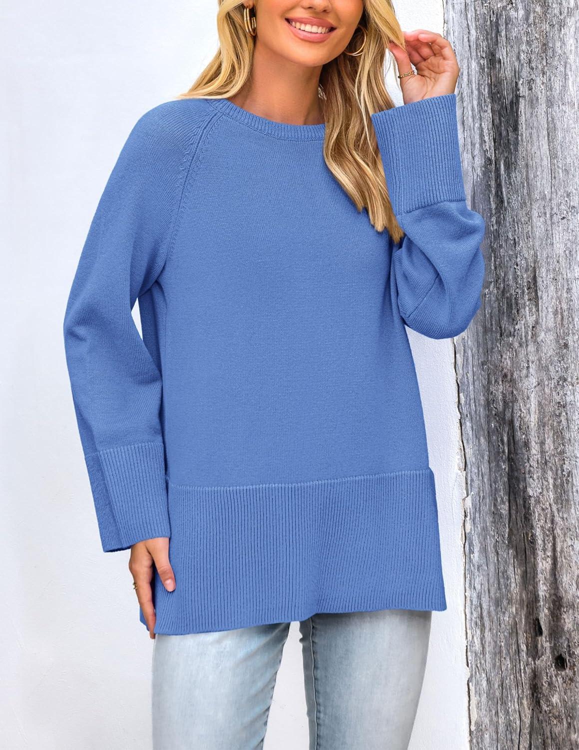imagePRETTYGARDEN Womens Knit Fall Sweaters Long Sleeve Pullover Crewneck Split Hem Oversized Tunic Sweater Tops Winter ClothingBlue