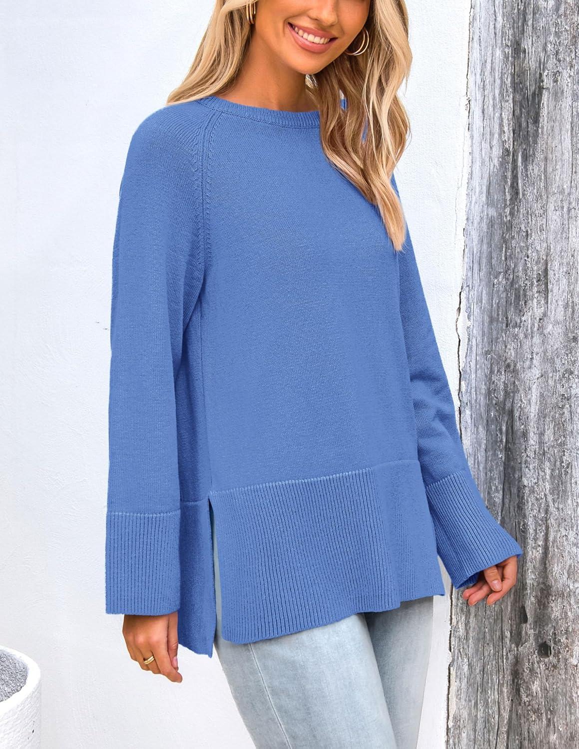 imagePRETTYGARDEN Womens Knit Fall Sweaters Long Sleeve Pullover Crewneck Split Hem Oversized Tunic Sweater Tops Winter ClothingBlue