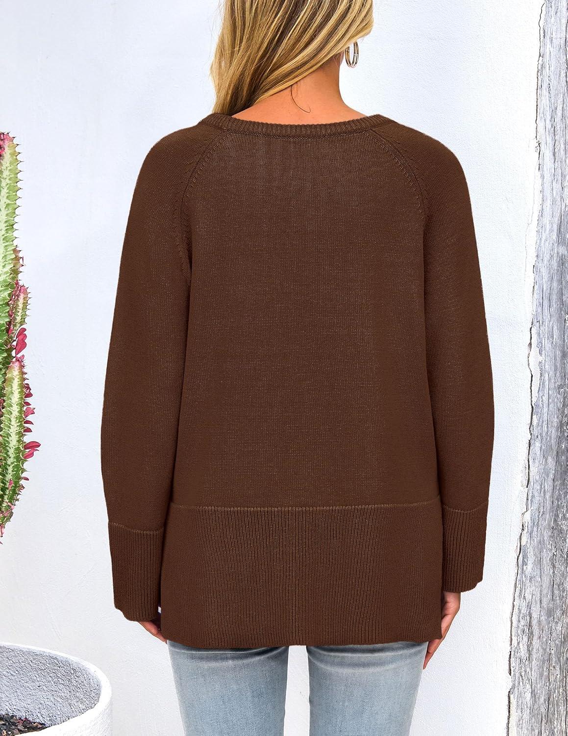imagePRETTYGARDEN Womens Knit Fall Sweaters Long Sleeve Pullover Crewneck Split Hem Oversized Tunic Sweater Tops Winter ClothingCoffee