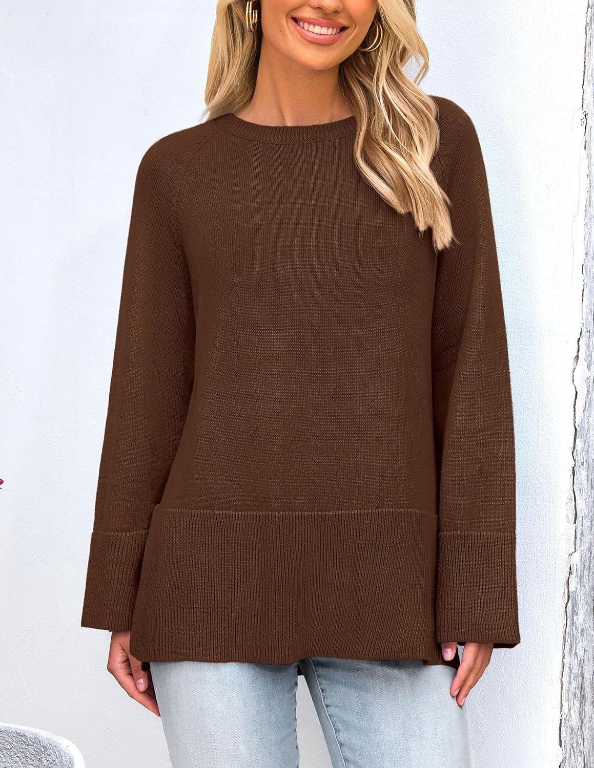 imagePRETTYGARDEN Womens Knit Fall Sweaters Long Sleeve Pullover Crewneck Split Hem Oversized Tunic Sweater Tops Winter ClothingCoffee