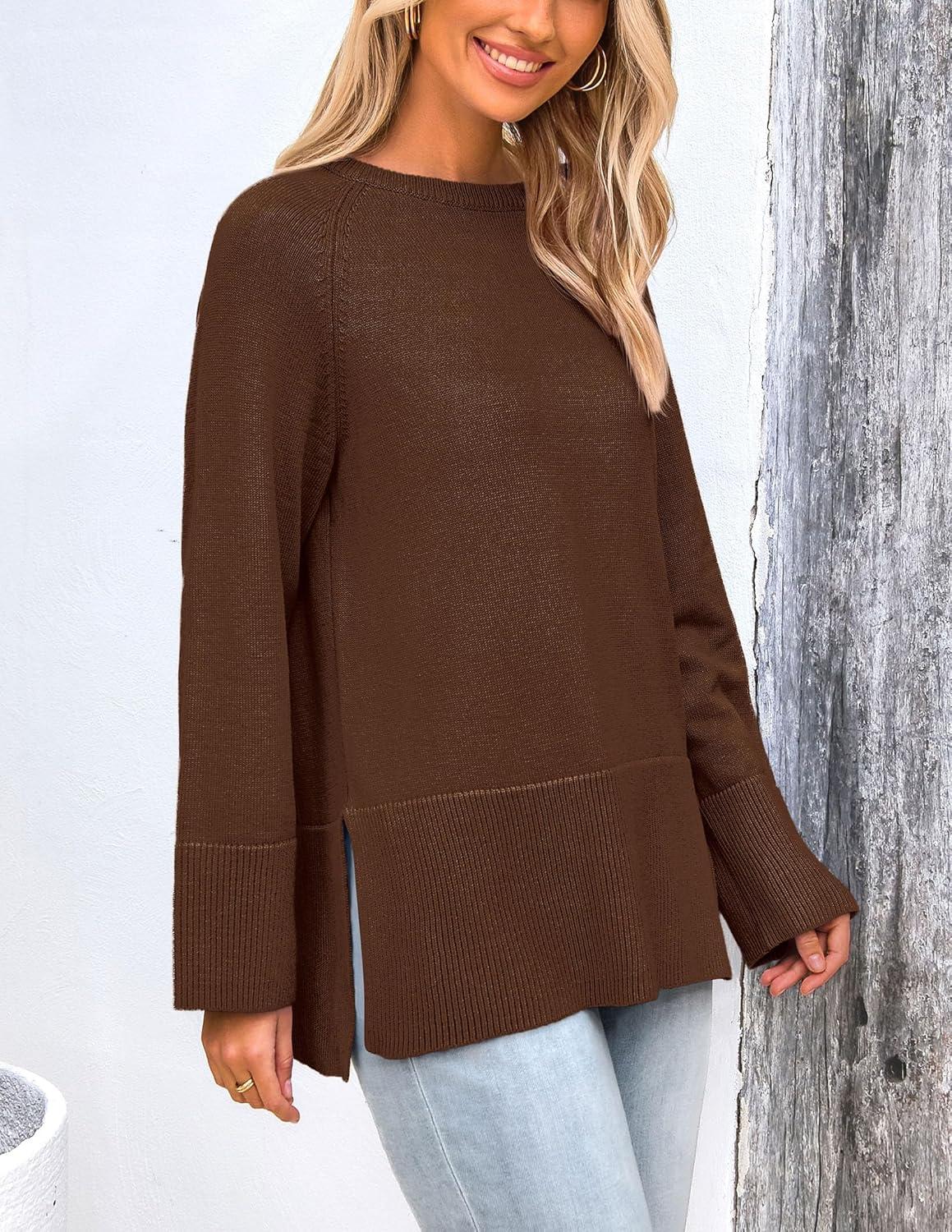 imagePRETTYGARDEN Womens Knit Fall Sweaters Long Sleeve Pullover Crewneck Split Hem Oversized Tunic Sweater Tops Winter ClothingCoffee