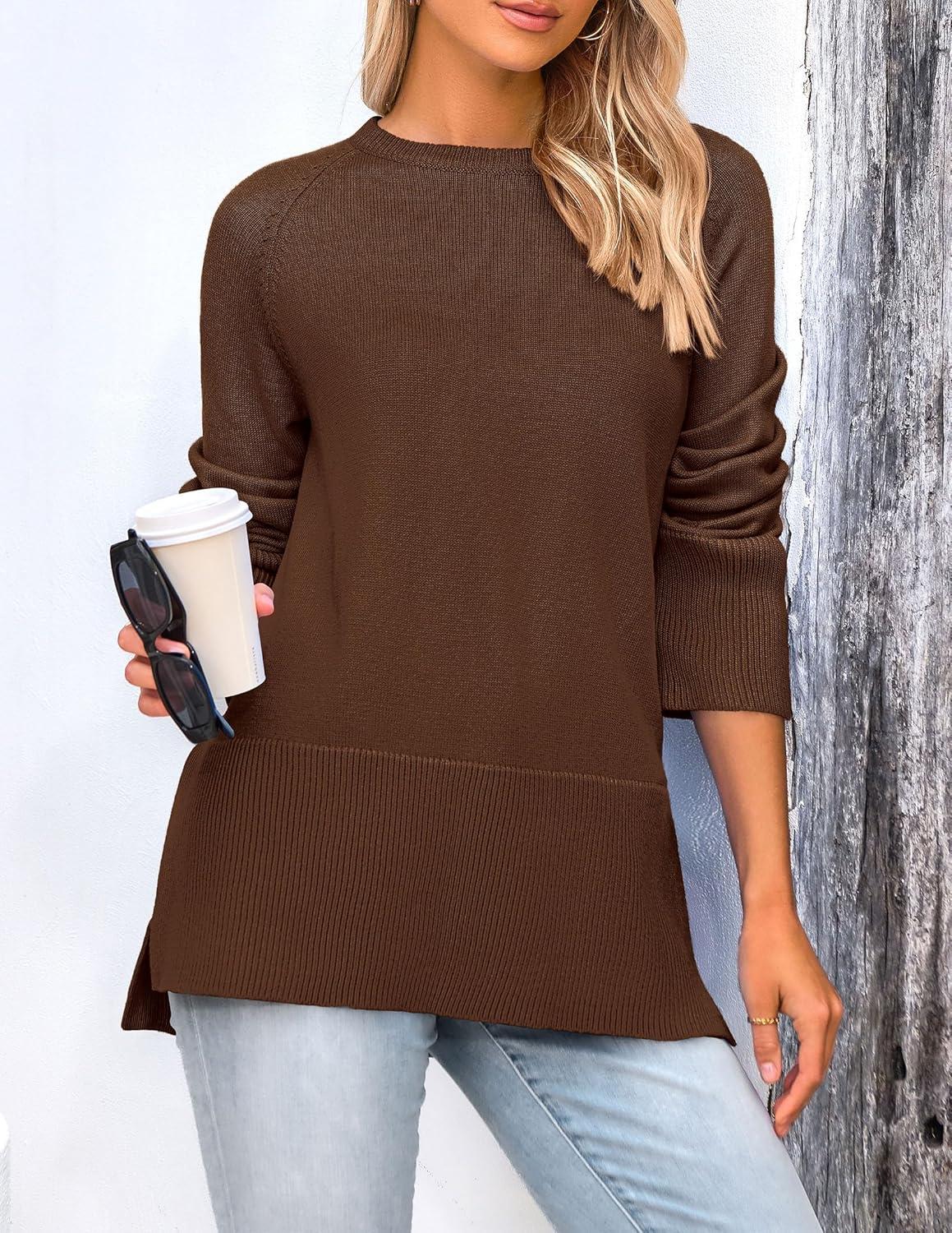 imagePRETTYGARDEN Womens Knit Fall Sweaters Long Sleeve Pullover Crewneck Split Hem Oversized Tunic Sweater Tops Winter ClothingCoffee