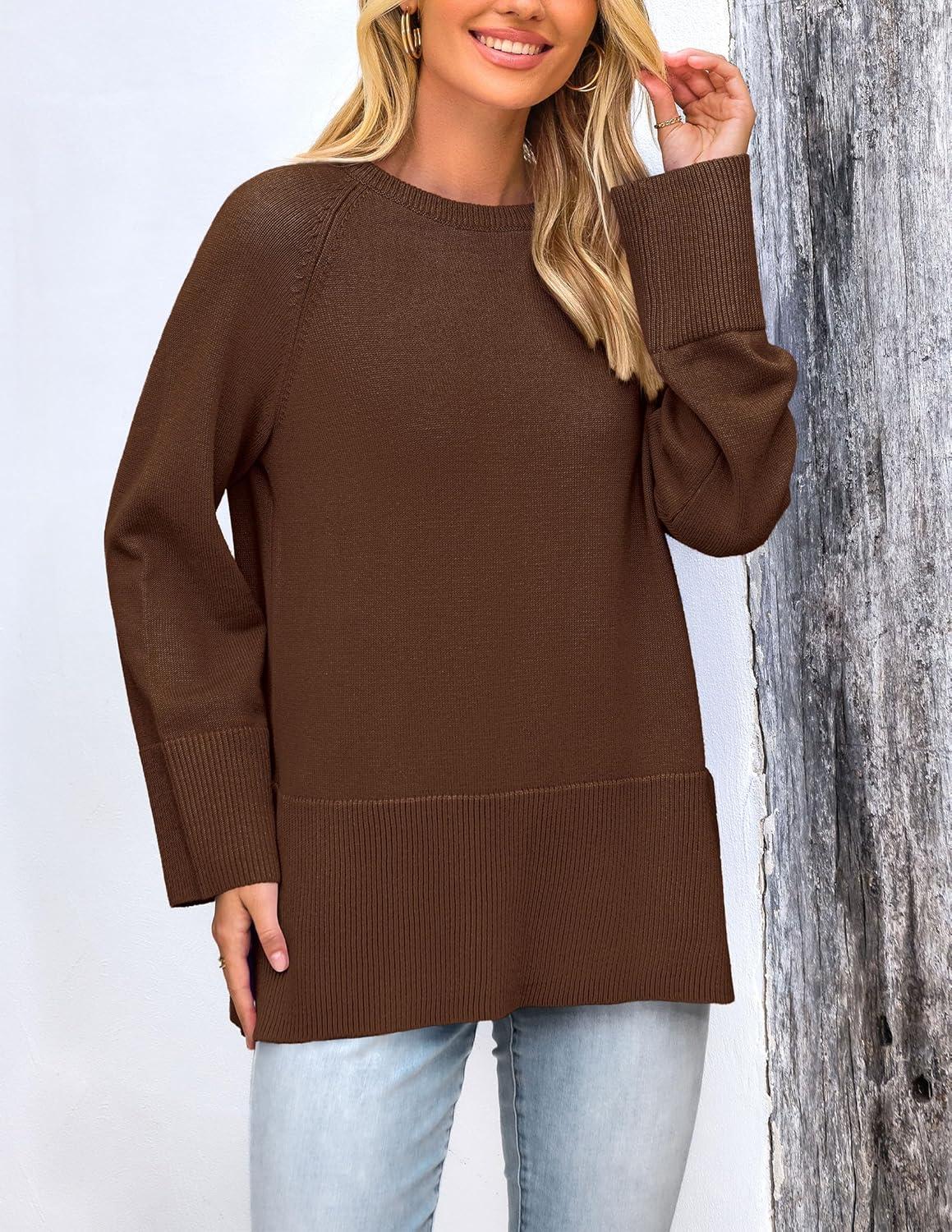 imagePRETTYGARDEN Womens Knit Fall Sweaters Long Sleeve Pullover Crewneck Split Hem Oversized Tunic Sweater Tops Winter ClothingCoffee