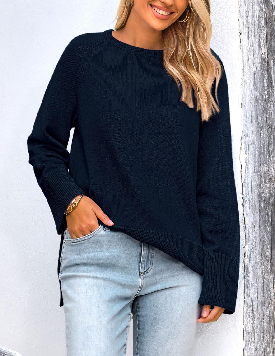 imagePRETTYGARDEN Womens Knit Fall Sweaters Long Sleeve Pullover Crewneck Split Hem Oversized Tunic Sweater Tops Winter ClothingNavy