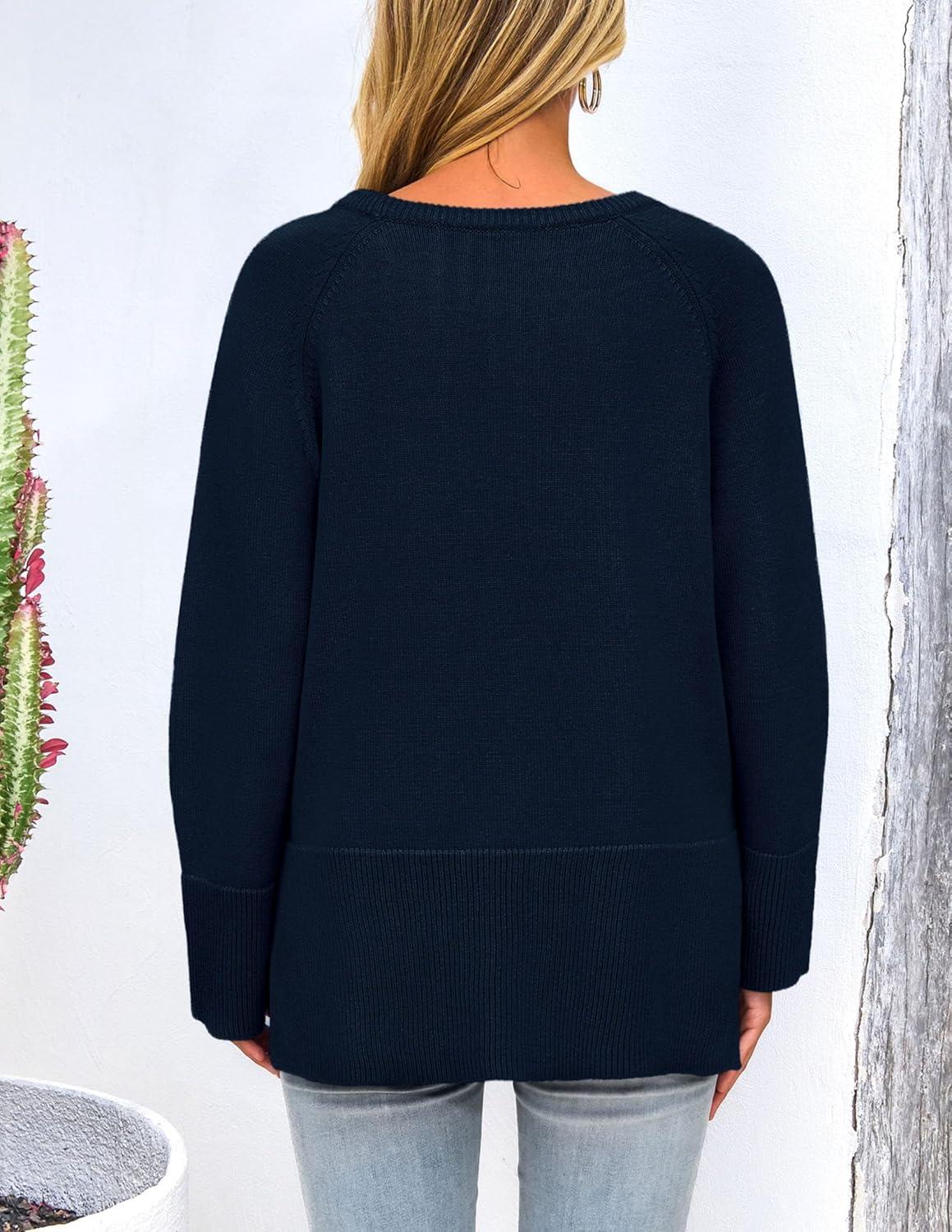 imagePRETTYGARDEN Womens Knit Fall Sweaters Long Sleeve Pullover Crewneck Split Hem Oversized Tunic Sweater Tops Winter ClothingNavy