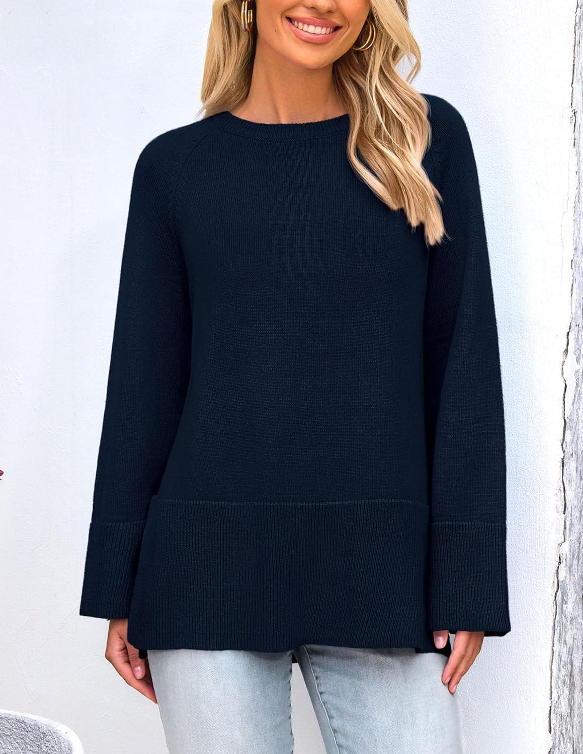 imagePRETTYGARDEN Womens Knit Fall Sweaters Long Sleeve Pullover Crewneck Split Hem Oversized Tunic Sweater Tops Winter ClothingNavy