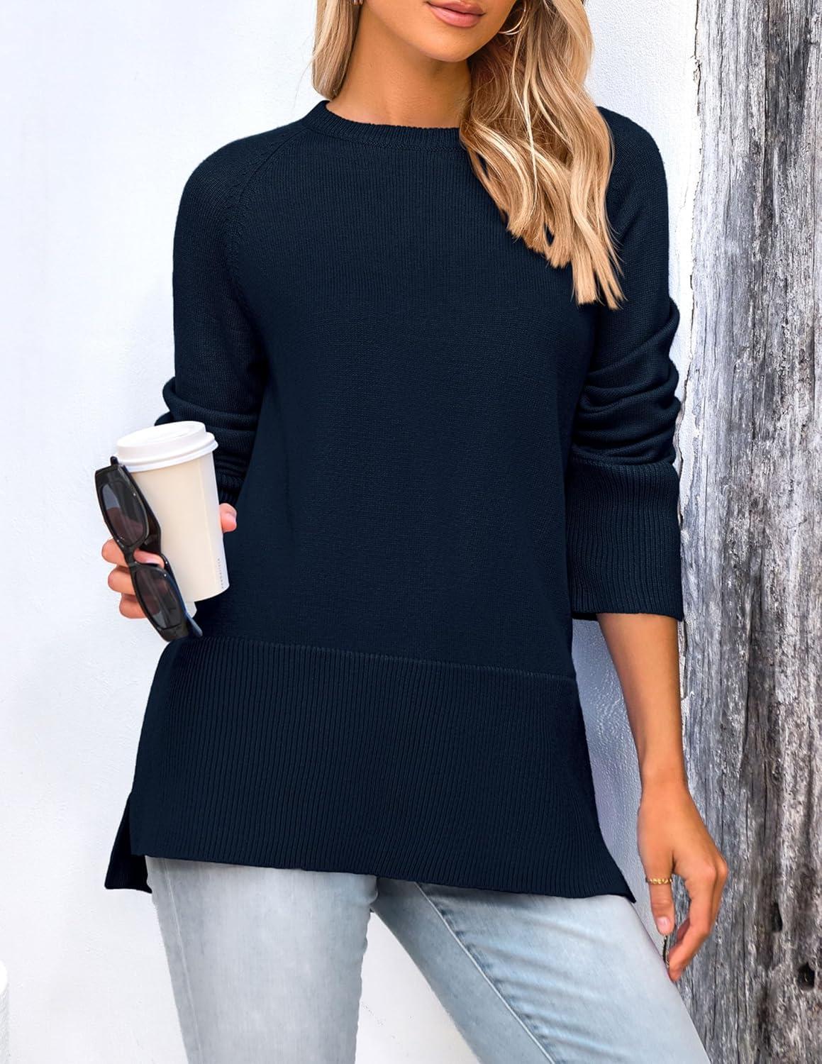 imagePRETTYGARDEN Womens Knit Fall Sweaters Long Sleeve Pullover Crewneck Split Hem Oversized Tunic Sweater Tops Winter ClothingNavy
