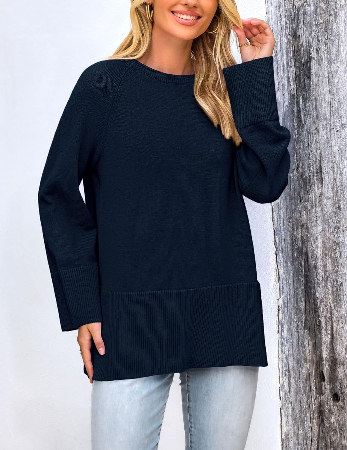 imagePRETTYGARDEN Womens Knit Fall Sweaters Long Sleeve Pullover Crewneck Split Hem Oversized Tunic Sweater Tops Winter ClothingNavy