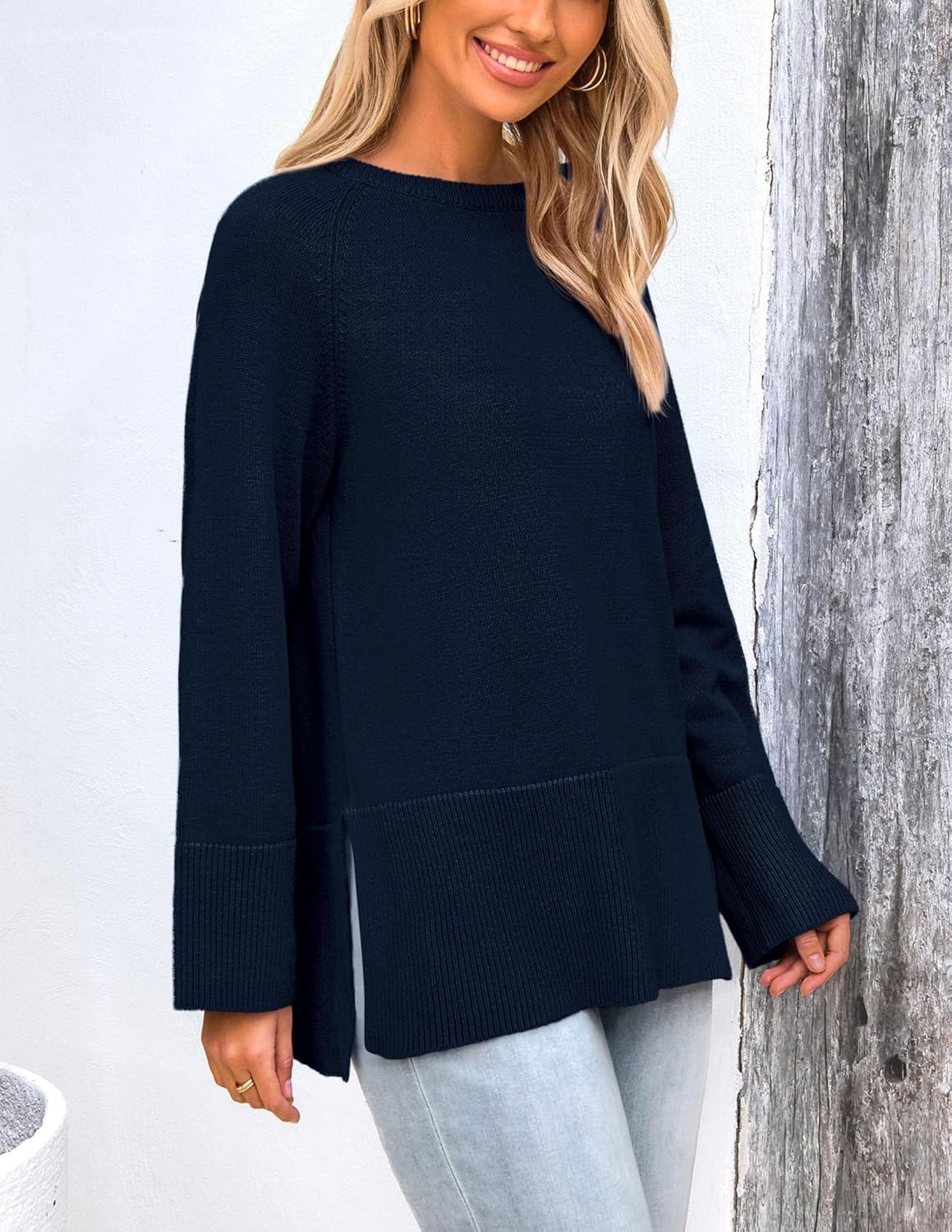 imagePRETTYGARDEN Womens Knit Fall Sweaters Long Sleeve Pullover Crewneck Split Hem Oversized Tunic Sweater Tops Winter ClothingNavy