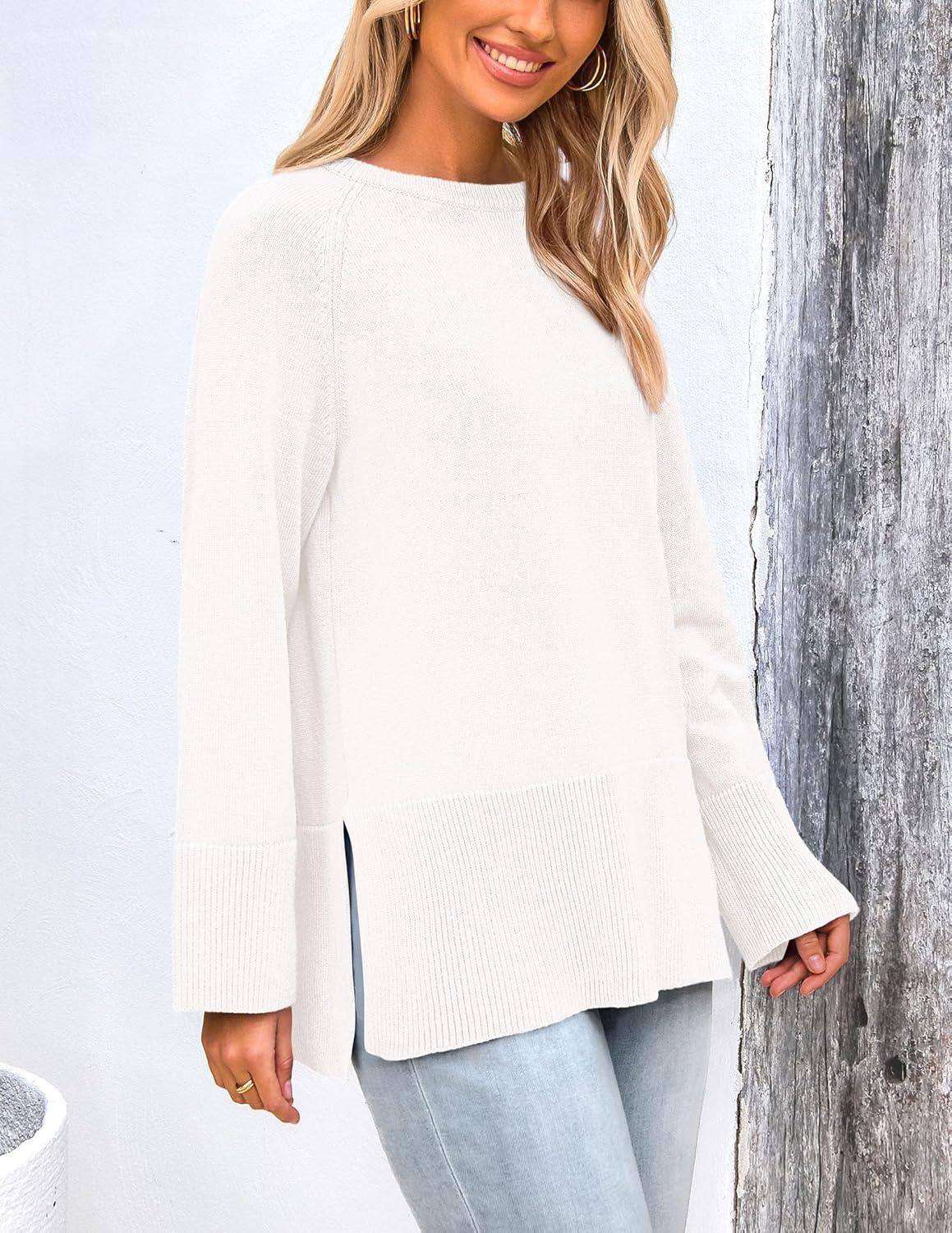 imagePRETTYGARDEN Womens Knit Fall Sweaters Long Sleeve Pullover Crewneck Split Hem Oversized Tunic Sweater Tops Winter ClothingWhite