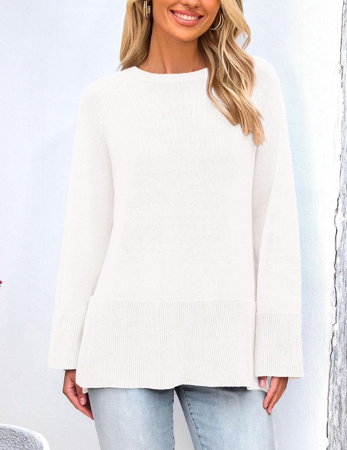 imagePRETTYGARDEN Womens Knit Fall Sweaters Long Sleeve Pullover Crewneck Split Hem Oversized Tunic Sweater Tops Winter ClothingWhite