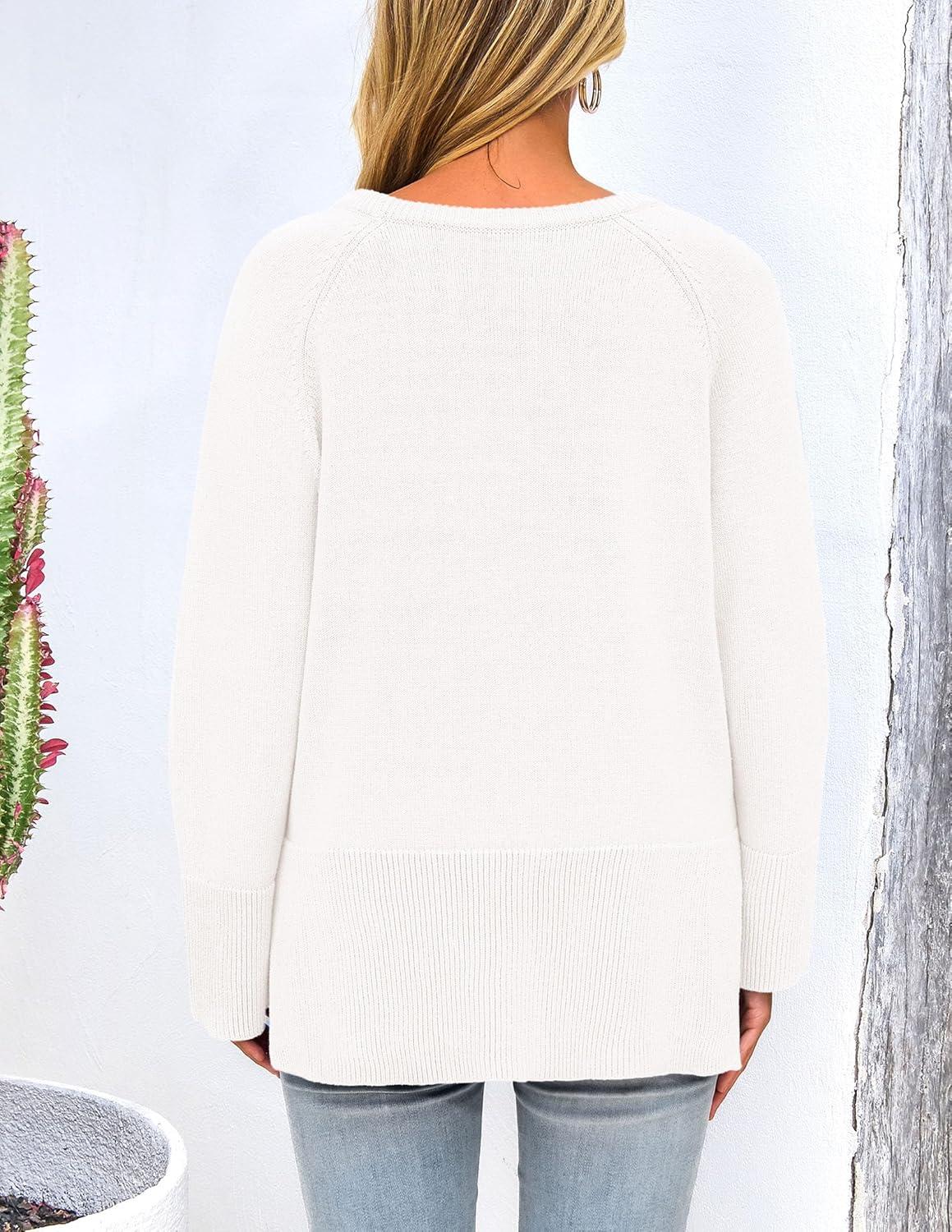 imagePRETTYGARDEN Womens Knit Fall Sweaters Long Sleeve Pullover Crewneck Split Hem Oversized Tunic Sweater Tops Winter ClothingWhite
