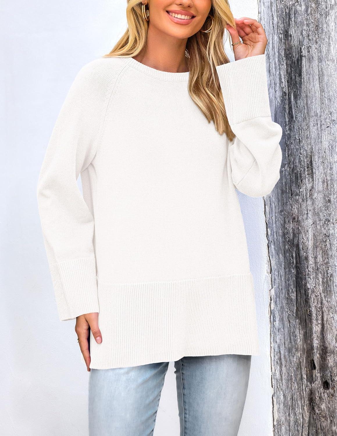 imagePRETTYGARDEN Womens Knit Fall Sweaters Long Sleeve Pullover Crewneck Split Hem Oversized Tunic Sweater Tops Winter ClothingWhite