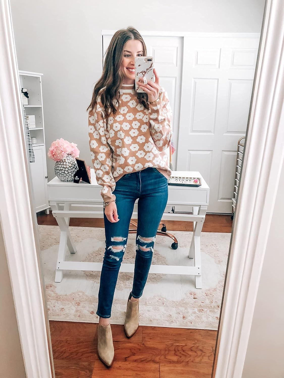 imagePRETTYGARDEN Womens Knit Floral Print Sweater Crewneck Long Sleeve Lightweight Pullover SweatshirtApricot