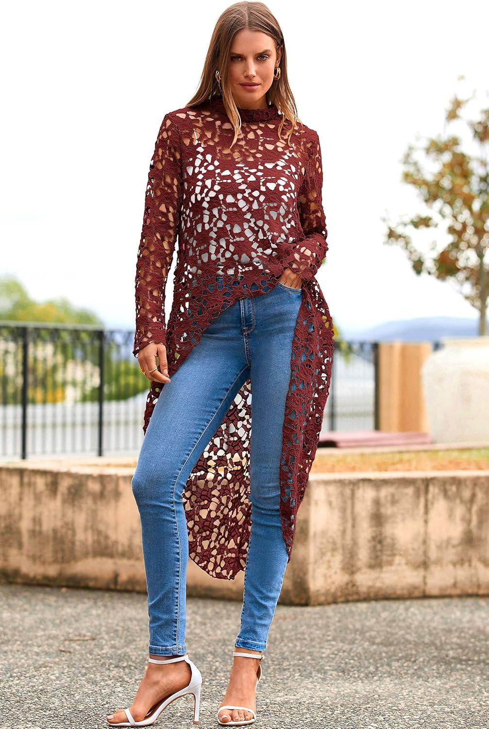 imagePRETTYGARDEN Womens Long Sleeve Round Neck High Low Asymmetrical Irregular Hem Casual Tops Blouse Shirt DressWine Red