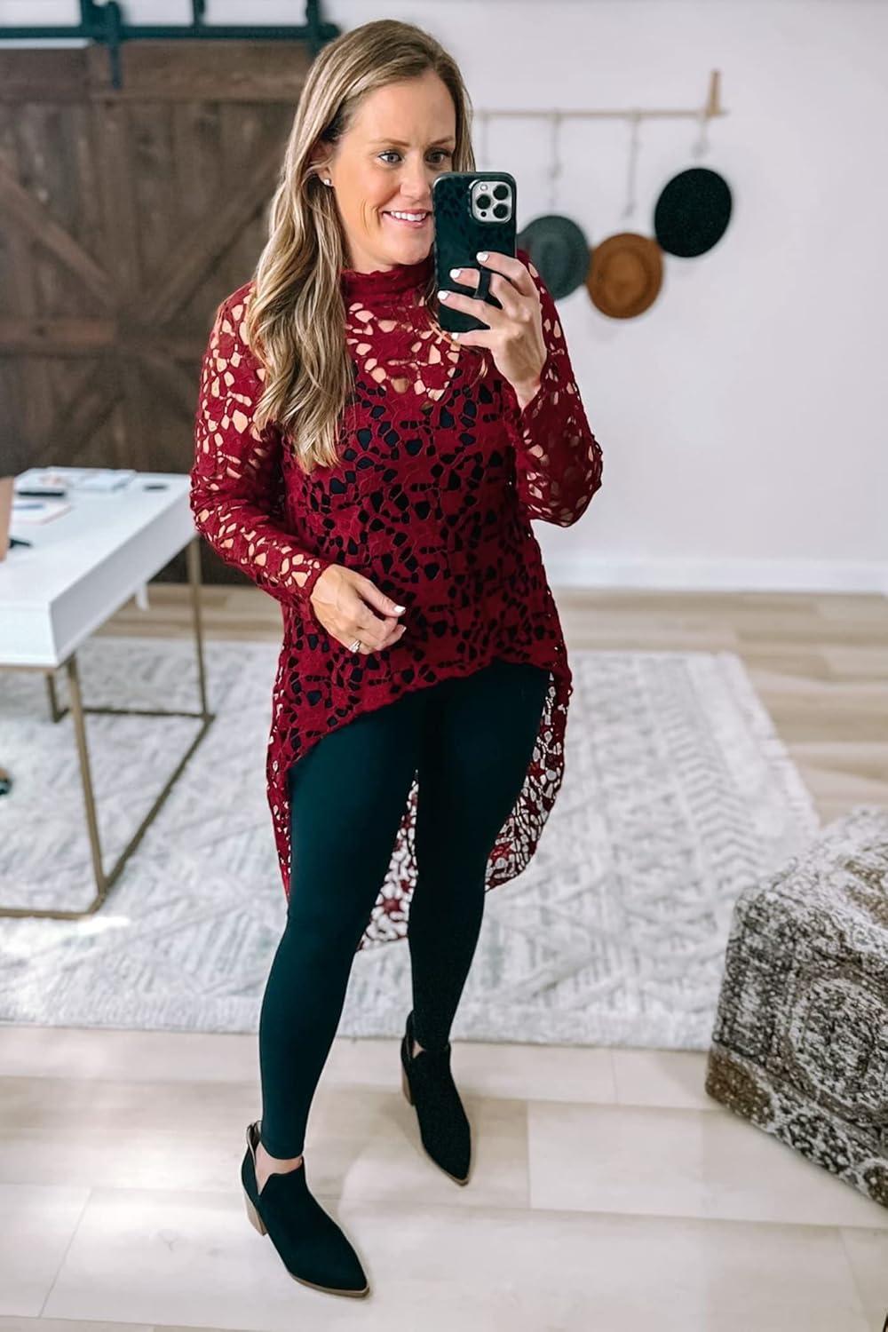 imagePRETTYGARDEN Womens Long Sleeve Round Neck High Low Asymmetrical Irregular Hem Casual Tops Blouse Shirt DressWine Red