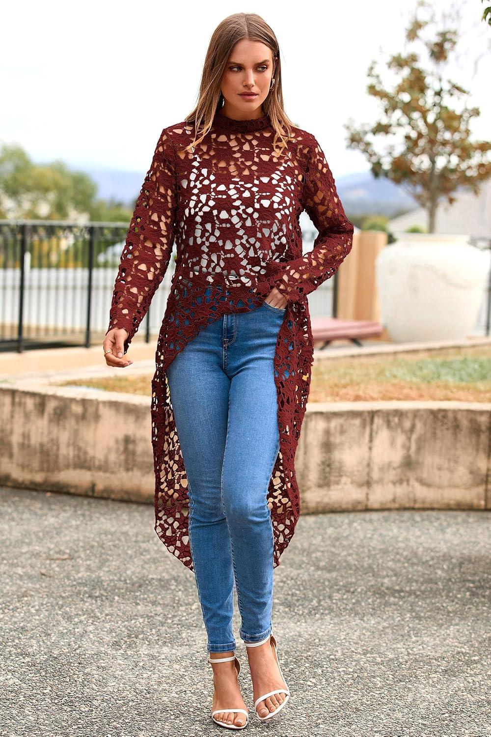 imagePRETTYGARDEN Womens Long Sleeve Round Neck High Low Asymmetrical Irregular Hem Casual Tops Blouse Shirt DressWine Red