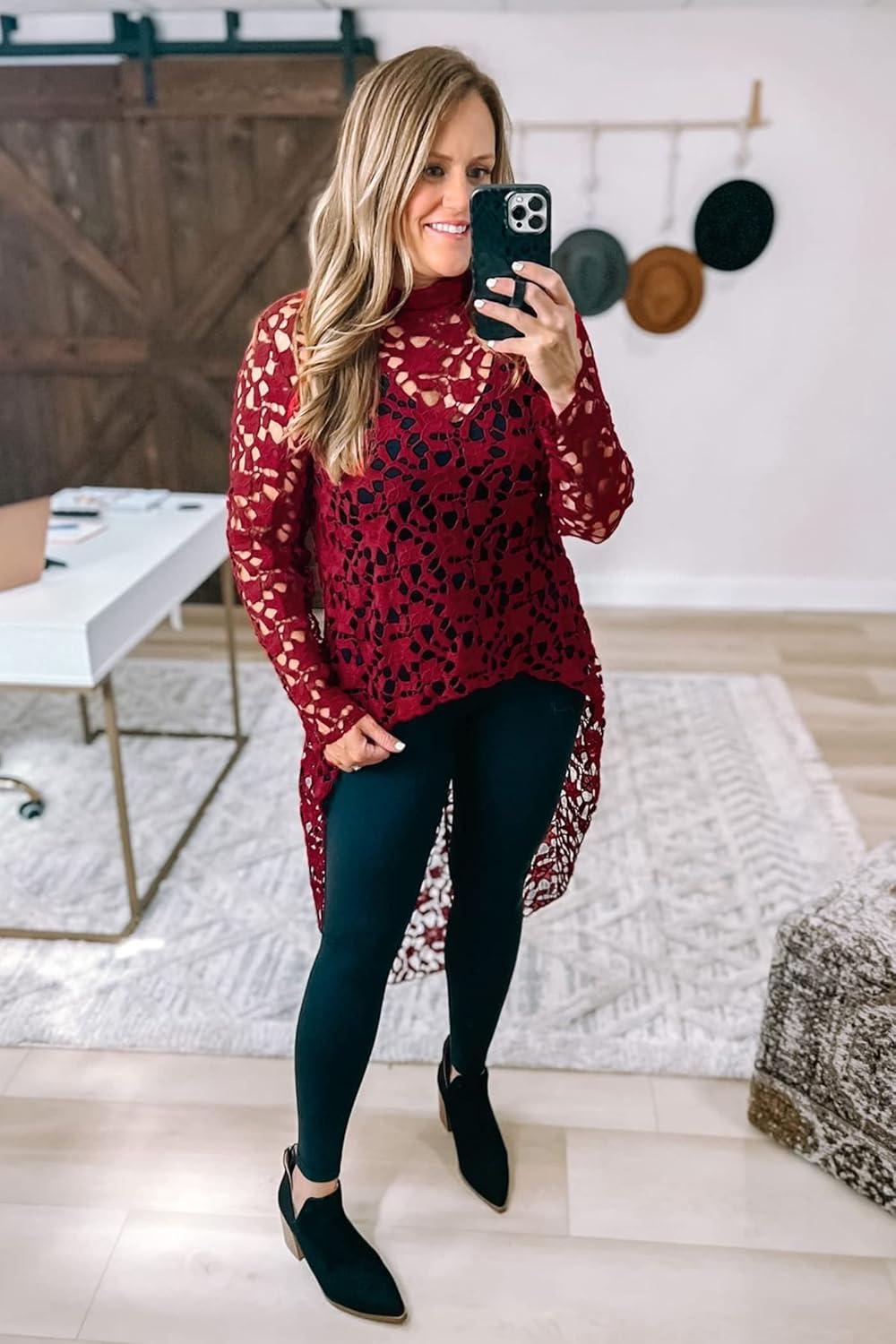 imagePRETTYGARDEN Womens Long Sleeve Round Neck High Low Asymmetrical Irregular Hem Casual Tops Blouse Shirt DressWine Red