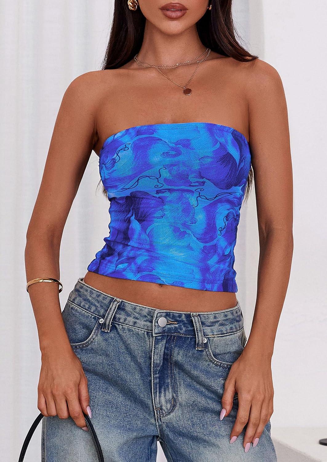 imagePRETTYGARDEN Womens Mesh Floral Strapless Bandeau Crop TopBright Blue