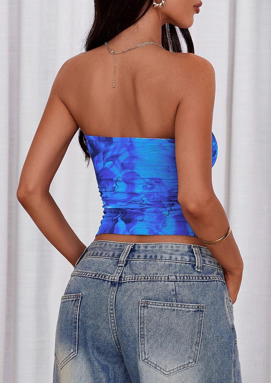 imagePRETTYGARDEN Womens Mesh Floral Strapless Bandeau Crop TopBright Blue