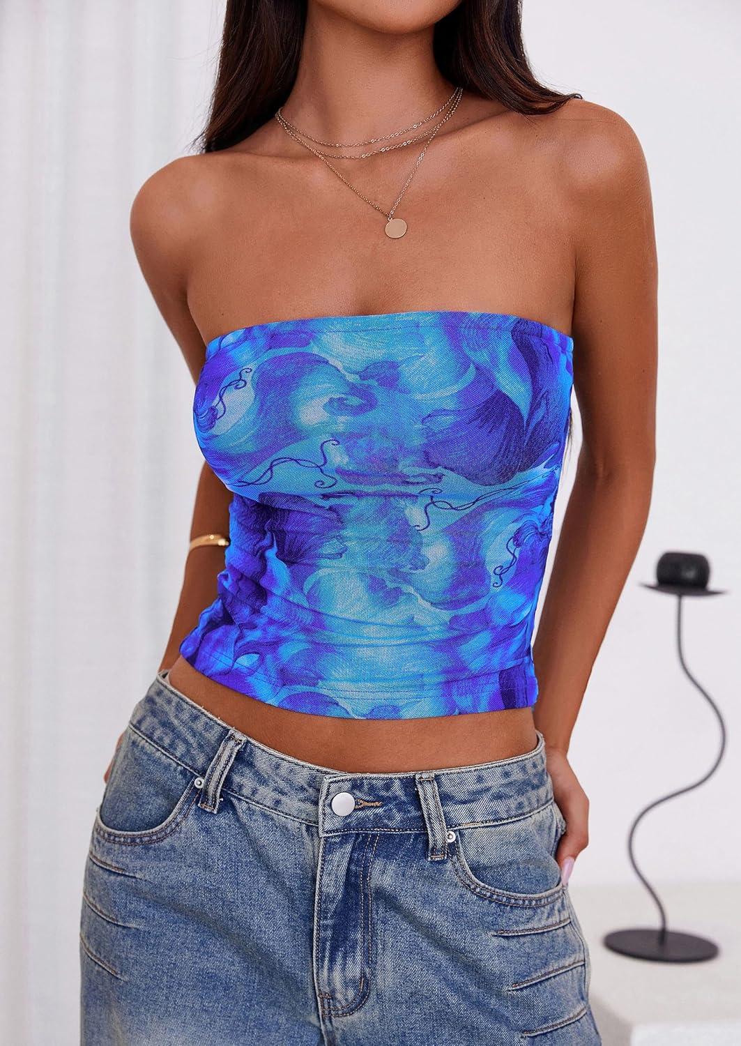 imagePRETTYGARDEN Womens Mesh Floral Strapless Bandeau Crop TopBright Blue
