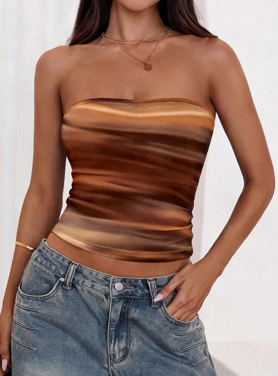 imagePRETTYGARDEN Womens Mesh Floral Strapless Bandeau Crop TopBrown Floral