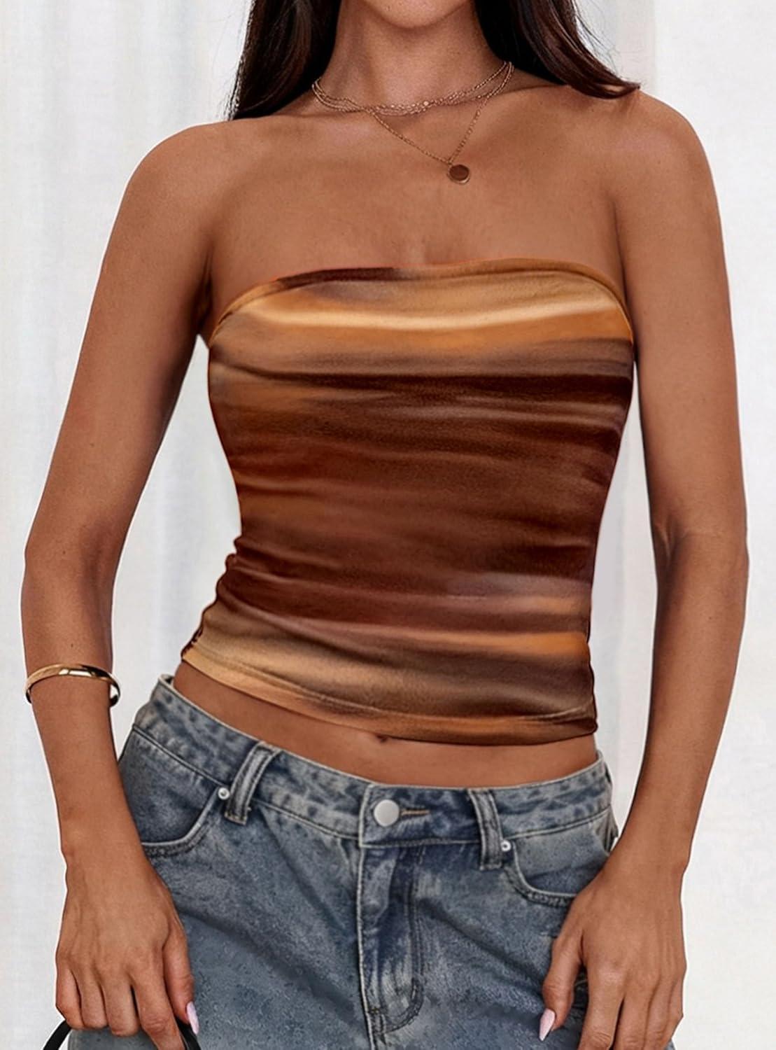 imagePRETTYGARDEN Womens Mesh Floral Strapless Bandeau Crop TopBrown Floral