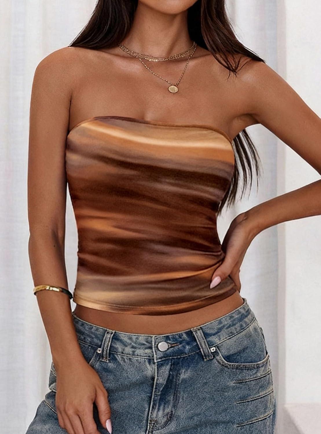 imagePRETTYGARDEN Womens Mesh Floral Strapless Bandeau Crop TopBrown Floral