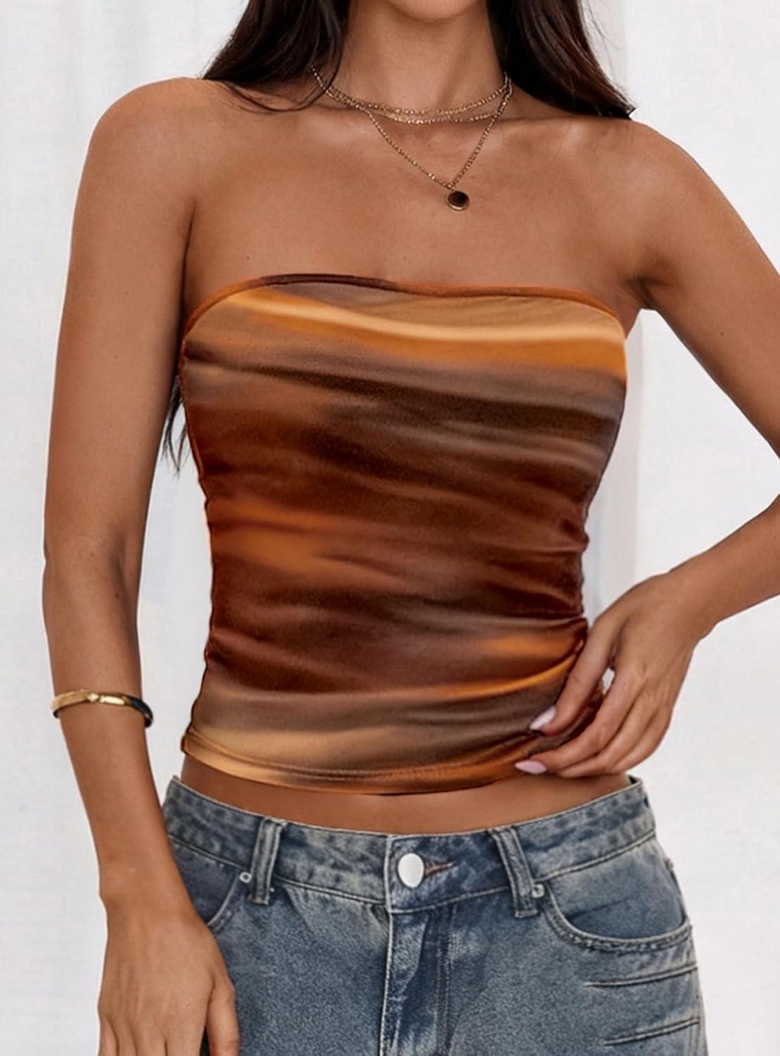 imagePRETTYGARDEN Womens Mesh Floral Strapless Bandeau Crop TopBrown Floral