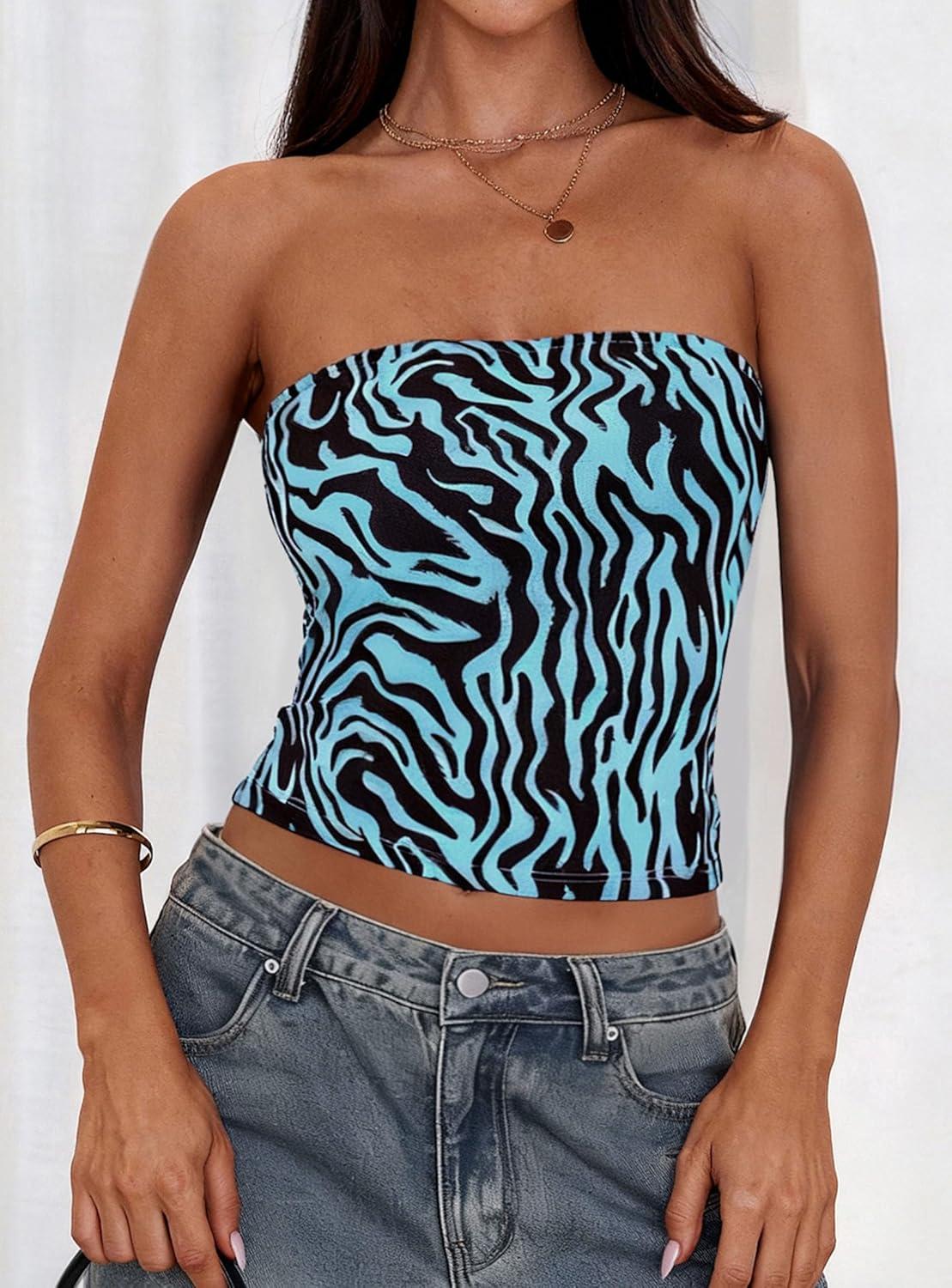imagePRETTYGARDEN Womens Mesh Floral Strapless Bandeau Crop TopBrown Zebra Print