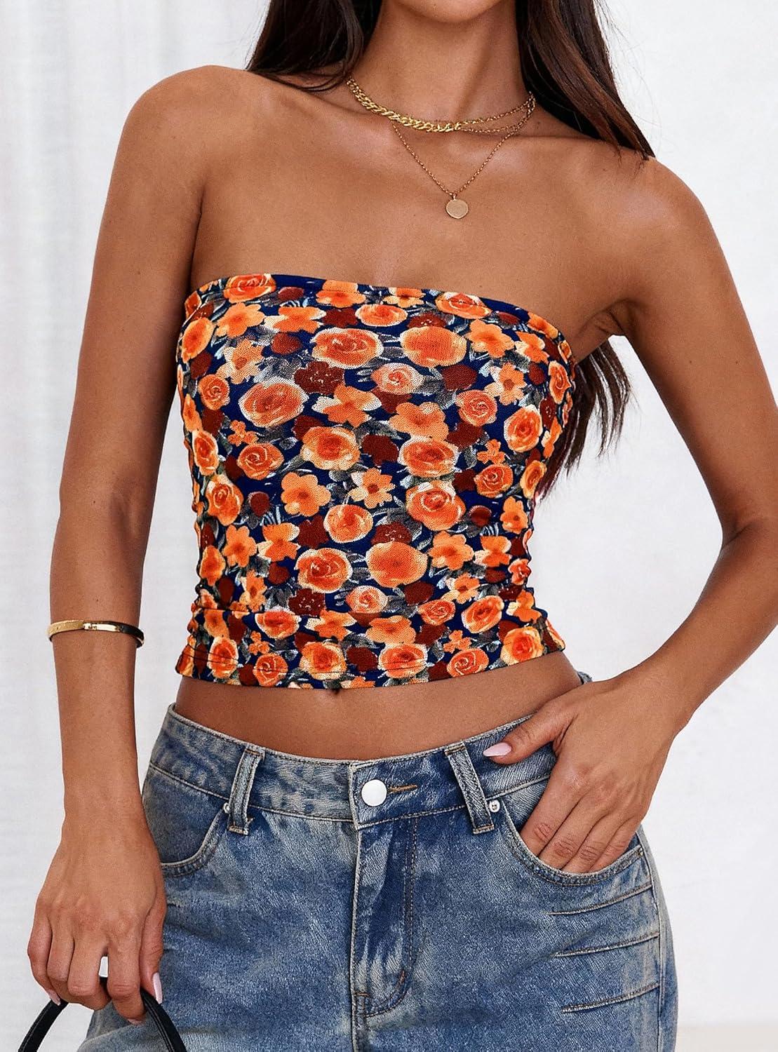 imagePRETTYGARDEN Womens Mesh Floral Strapless Bandeau Crop TopDark Blue Orange Red