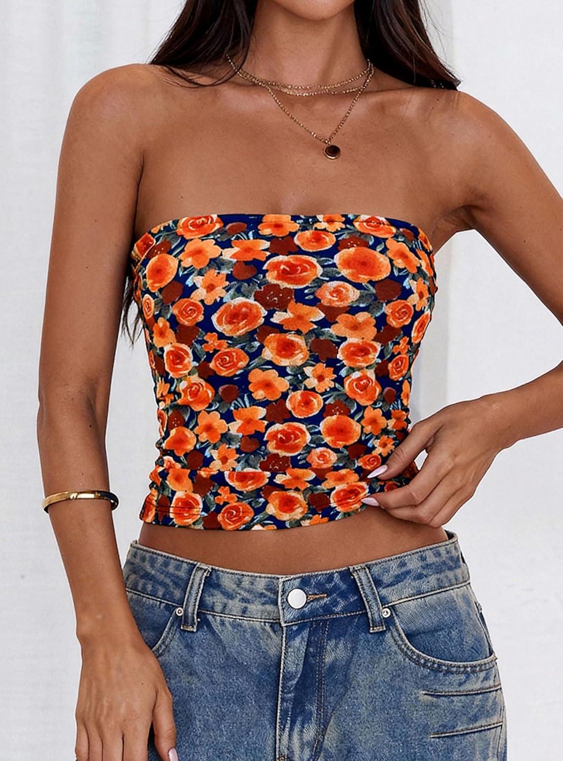 imagePRETTYGARDEN Womens Mesh Floral Strapless Bandeau Crop TopDark Blue Orange Red