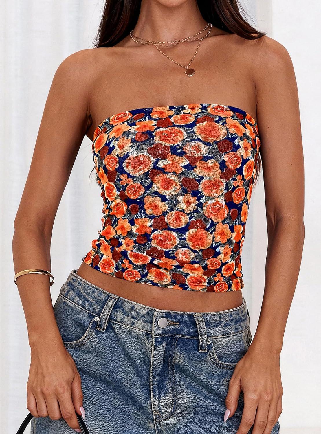 imagePRETTYGARDEN Womens Mesh Floral Strapless Bandeau Crop TopDark Blue Orange Red