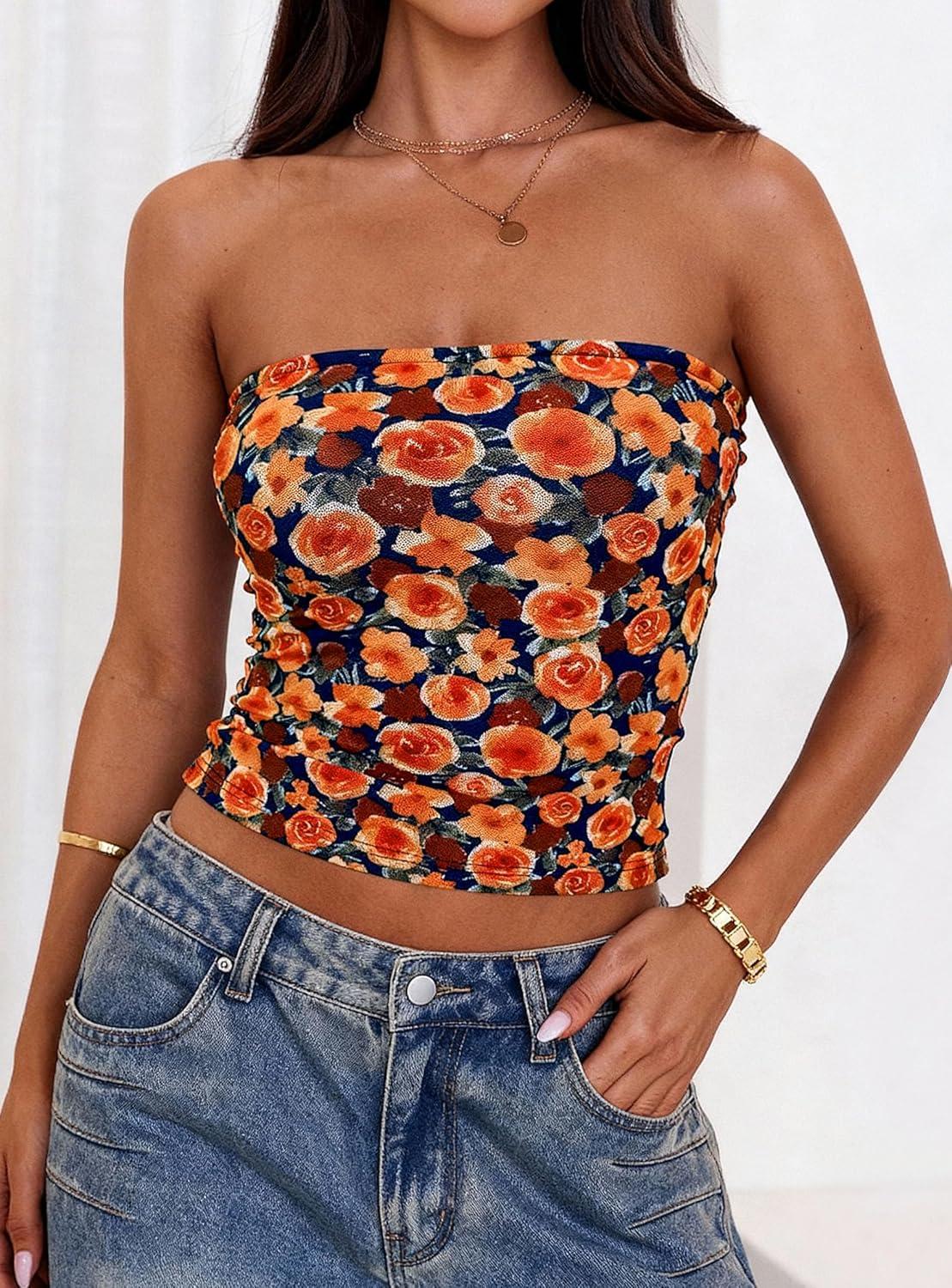 imagePRETTYGARDEN Womens Mesh Floral Strapless Bandeau Crop TopDark Blue Orange Red