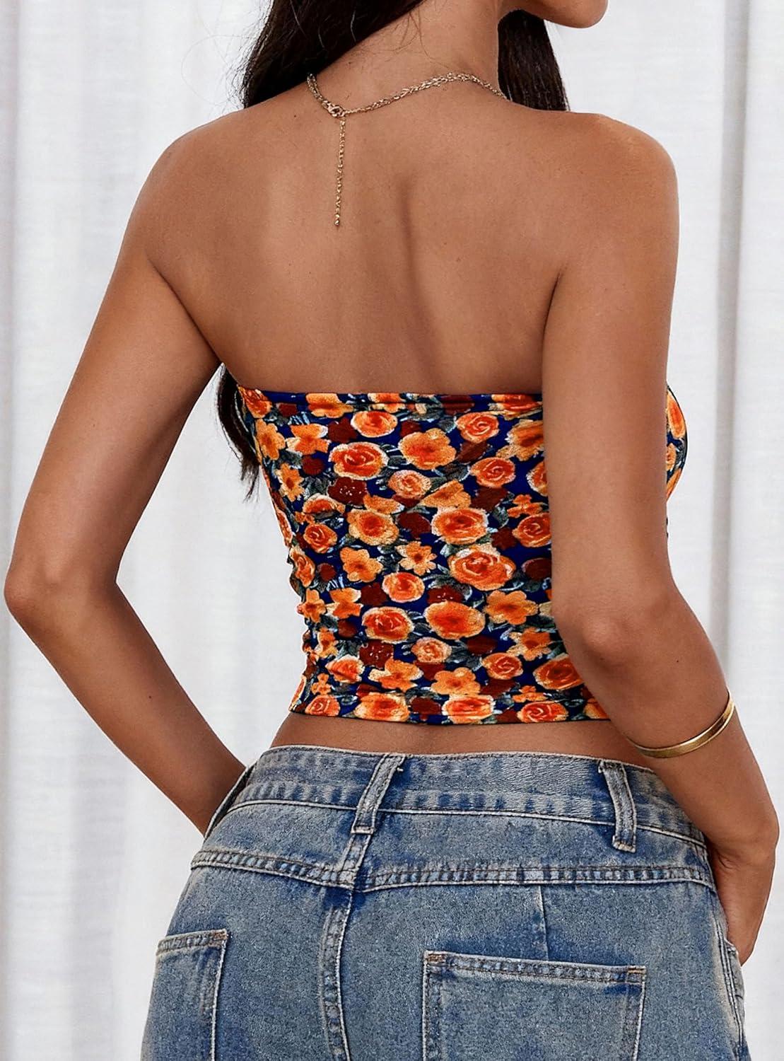 imagePRETTYGARDEN Womens Mesh Floral Strapless Bandeau Crop TopDark Blue Orange Red