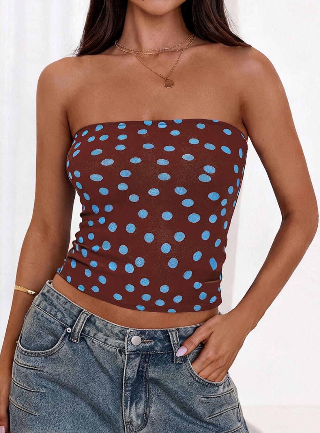 imagePRETTYGARDEN Womens Mesh Floral Strapless Bandeau Crop TopDot Brown Blue