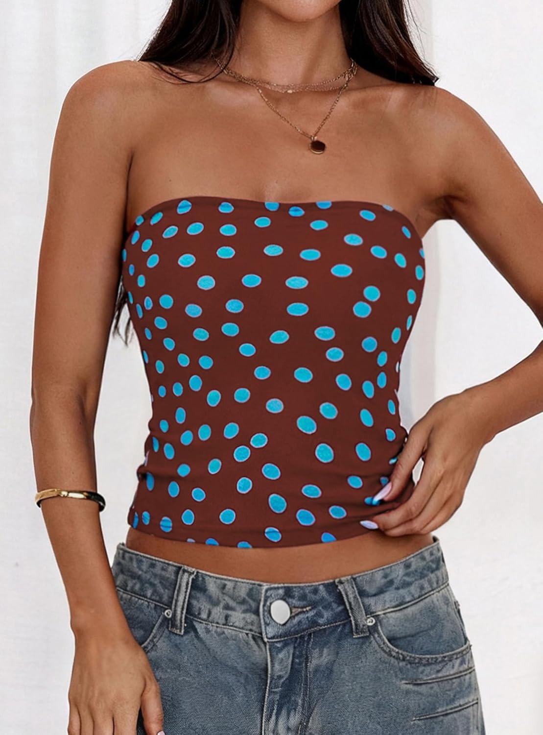 imagePRETTYGARDEN Womens Mesh Floral Strapless Bandeau Crop TopDot Brown Blue
