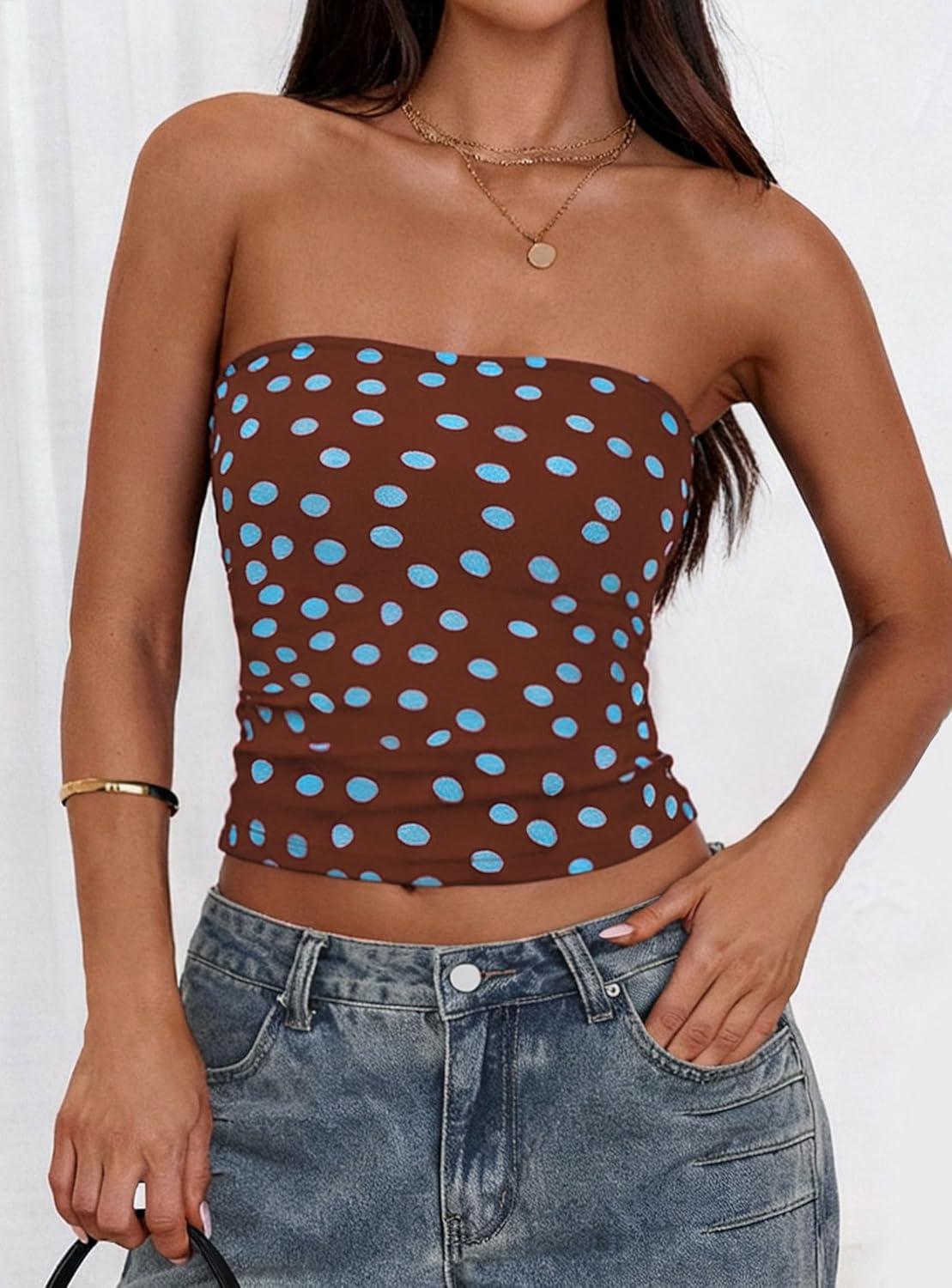 imagePRETTYGARDEN Womens Mesh Floral Strapless Bandeau Crop TopDot Brown Blue
