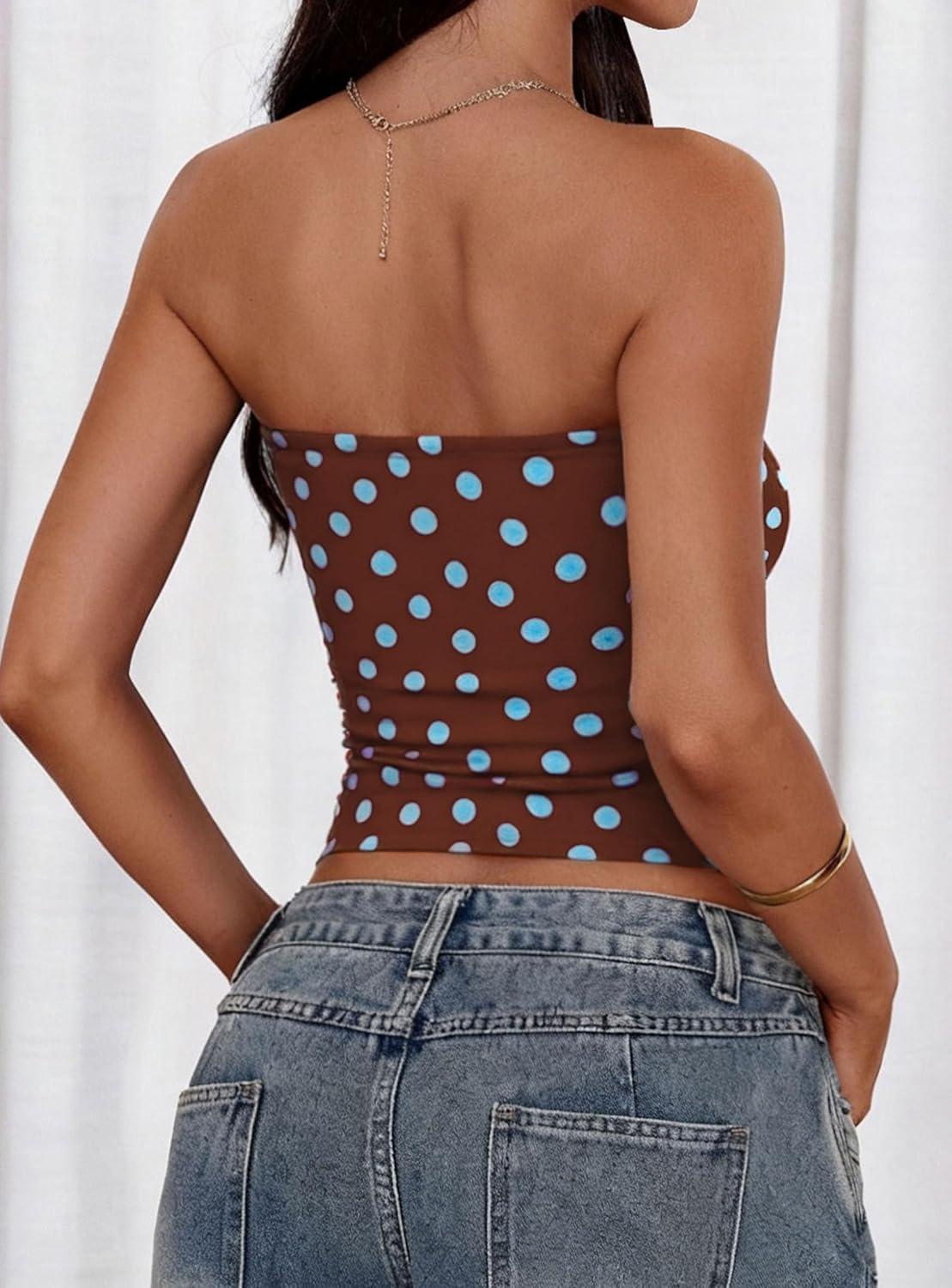 imagePRETTYGARDEN Womens Mesh Floral Strapless Bandeau Crop TopDot Brown Blue