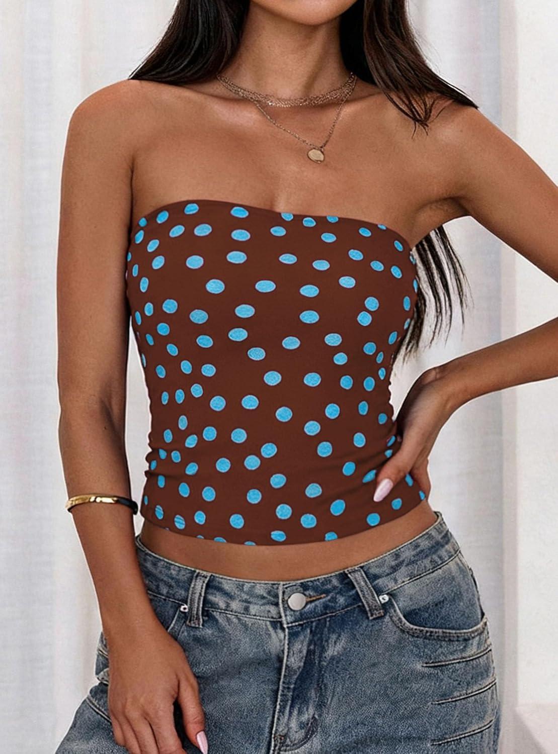imagePRETTYGARDEN Womens Mesh Floral Strapless Bandeau Crop TopDot Brown Blue