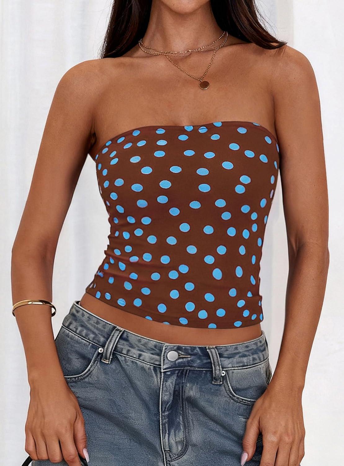 imagePRETTYGARDEN Womens Mesh Floral Strapless Bandeau Crop TopDot Brown Blue