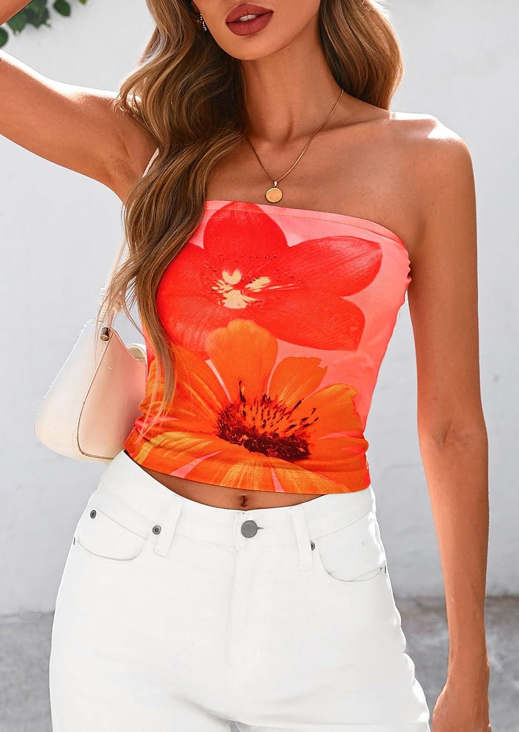 imagePRETTYGARDEN Womens Mesh Floral Strapless Bandeau Crop TopOrange