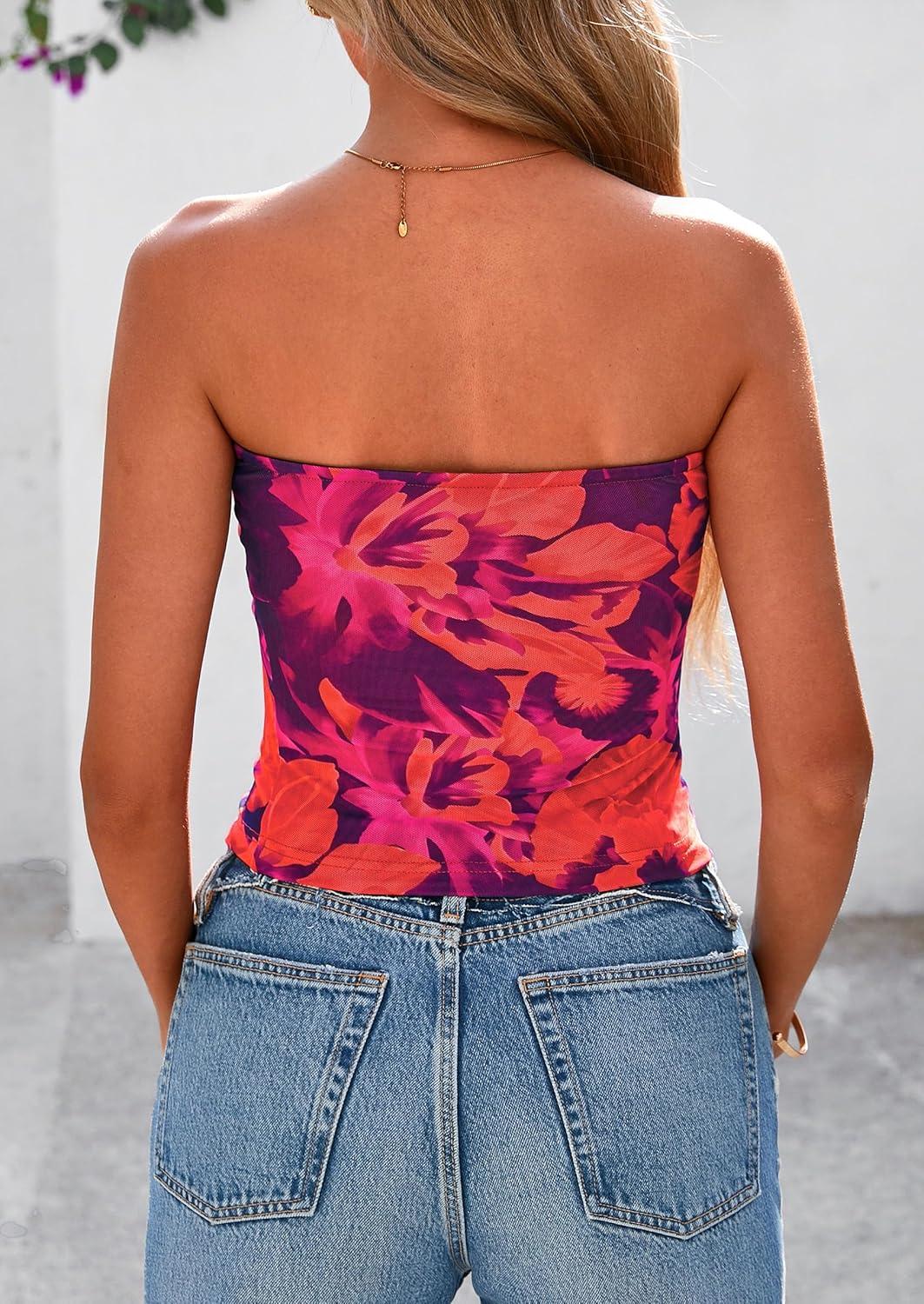 imagePRETTYGARDEN Womens Mesh Floral Strapless Bandeau Crop TopPurple Orange