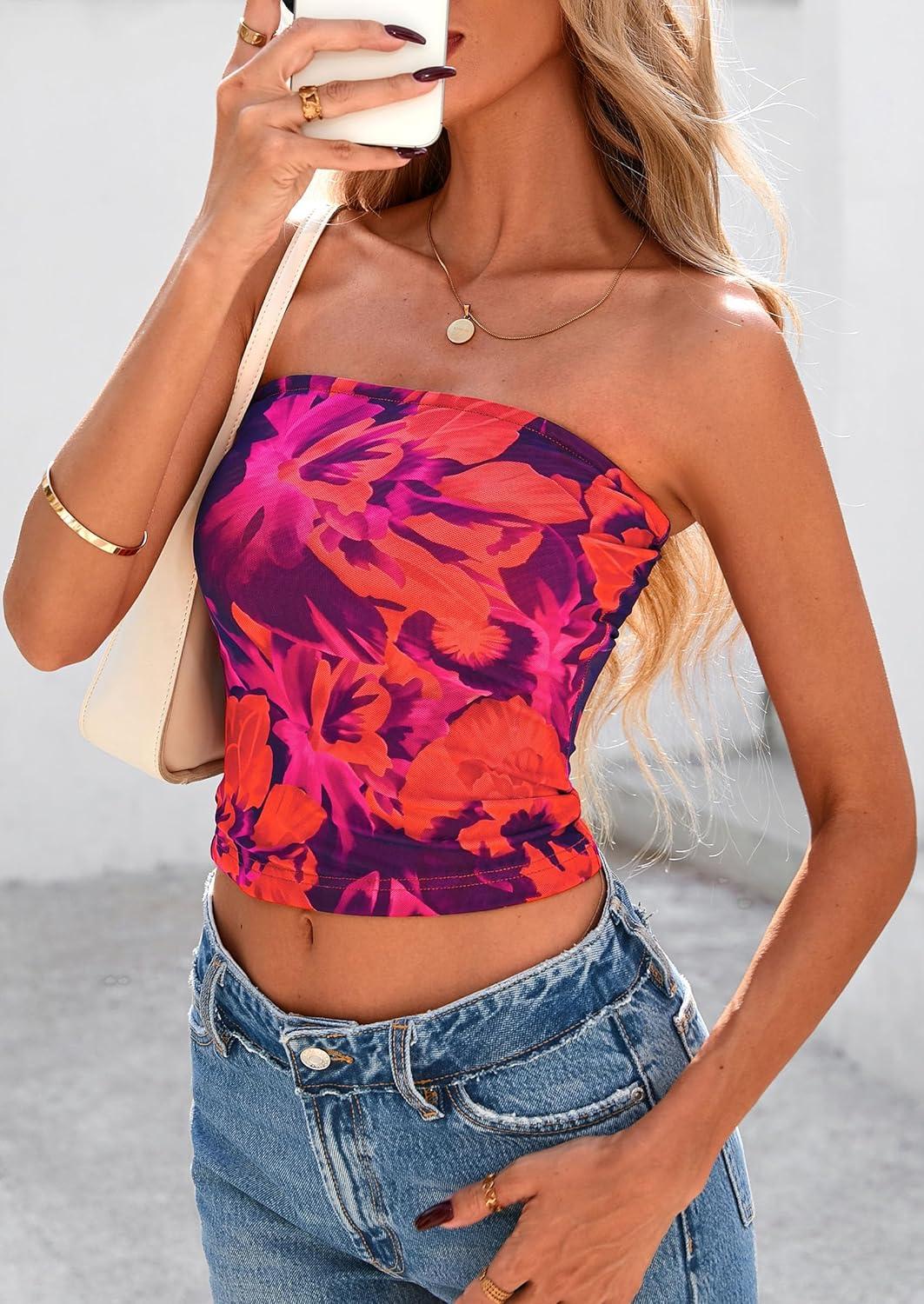 imagePRETTYGARDEN Womens Mesh Floral Strapless Bandeau Crop TopPurple Orange