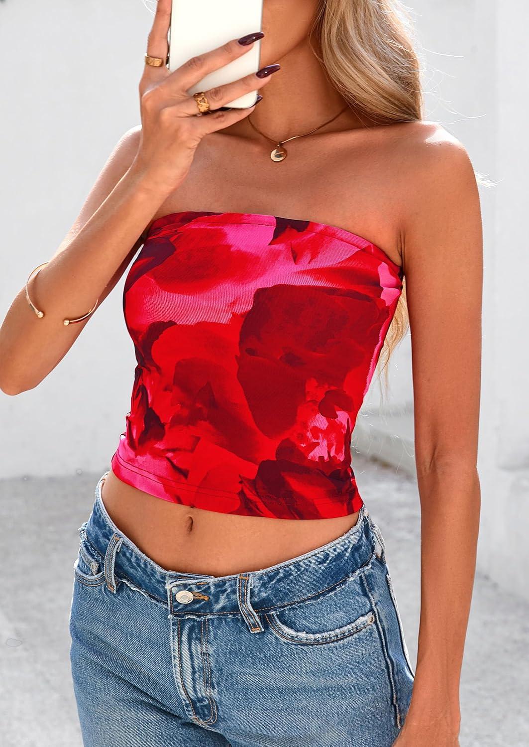 imagePRETTYGARDEN Womens Mesh Floral Strapless Bandeau Crop TopRed