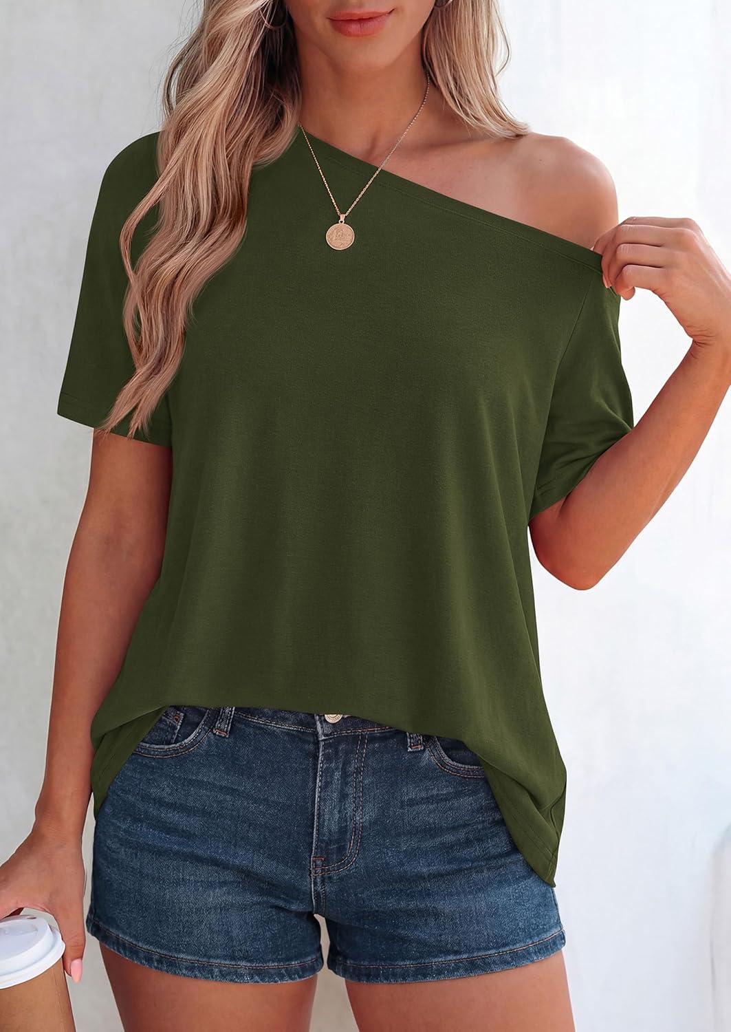 imagePRETTYGARDEN Womens Off The Shoulder Summer Tops Short Sleeve Tunic Blouse 2026 Casual Spring Asymmetrical Oversized TshirtsArmy Green