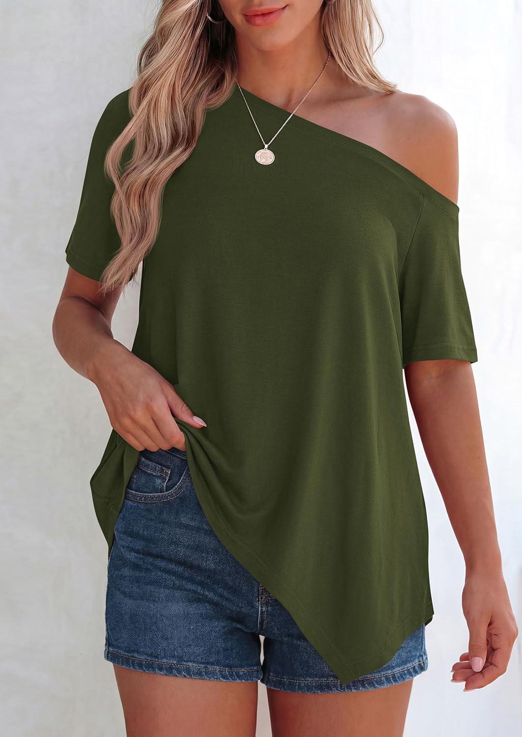 imagePRETTYGARDEN Womens Off The Shoulder Summer Tops Short Sleeve Tunic Blouse 2026 Casual Spring Asymmetrical Oversized TshirtsArmy Green