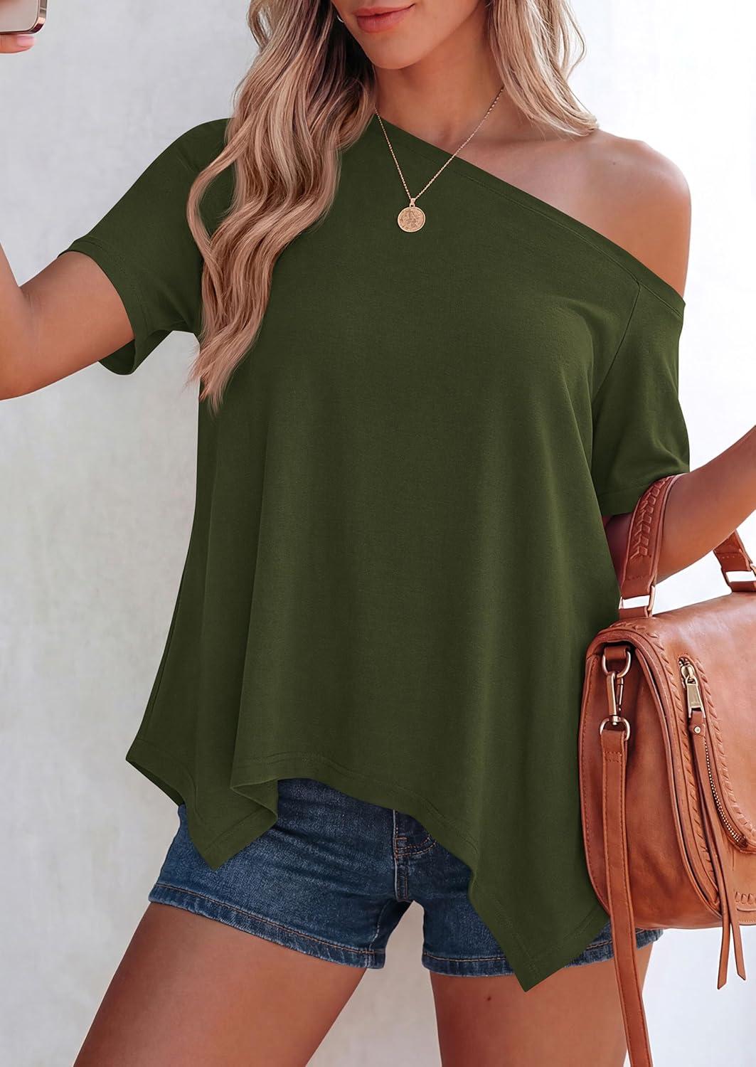 imagePRETTYGARDEN Womens Off The Shoulder Summer Tops Short Sleeve Tunic Blouse 2026 Casual Spring Asymmetrical Oversized TshirtsArmy Green