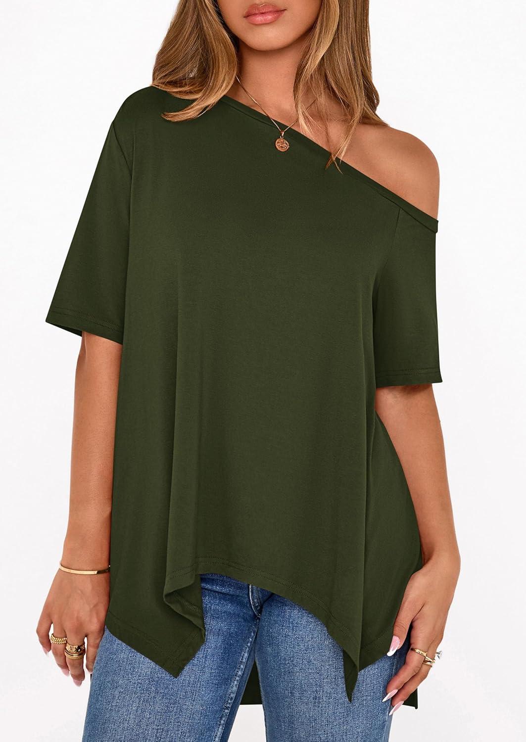 imagePRETTYGARDEN Womens Off The Shoulder Summer Tops Short Sleeve Tunic Blouse 2026 Casual Spring Asymmetrical Oversized TshirtsArmy Green